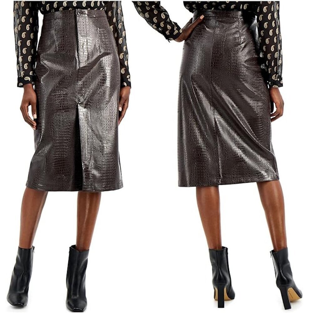 New I.N.C. International Concepts Faux Leather Pencil Brown Skirt Size 10